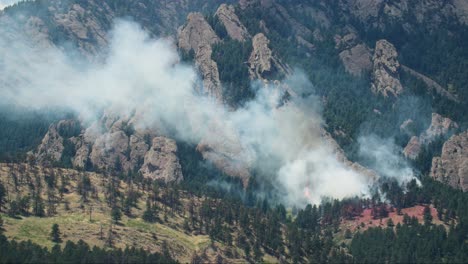 panoramic view of a wildfire raging through a mountainous forest