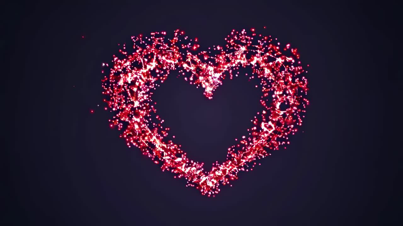 A heart shape made of glowing red particles on a dark background, viewed from a straight angle