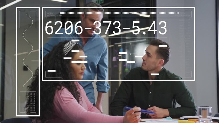 Animation of changing numbers, graph, diverse coworkers sharing ideas in office