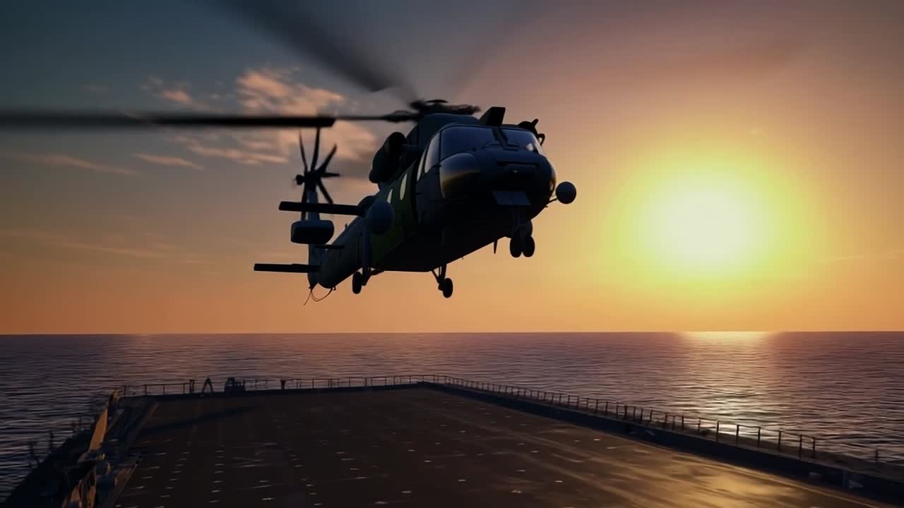 Chopper takes off at sunset. A helicopter lifts off from a deck surrounded by water as the sun sets on the horizon, creating a stunning sky.