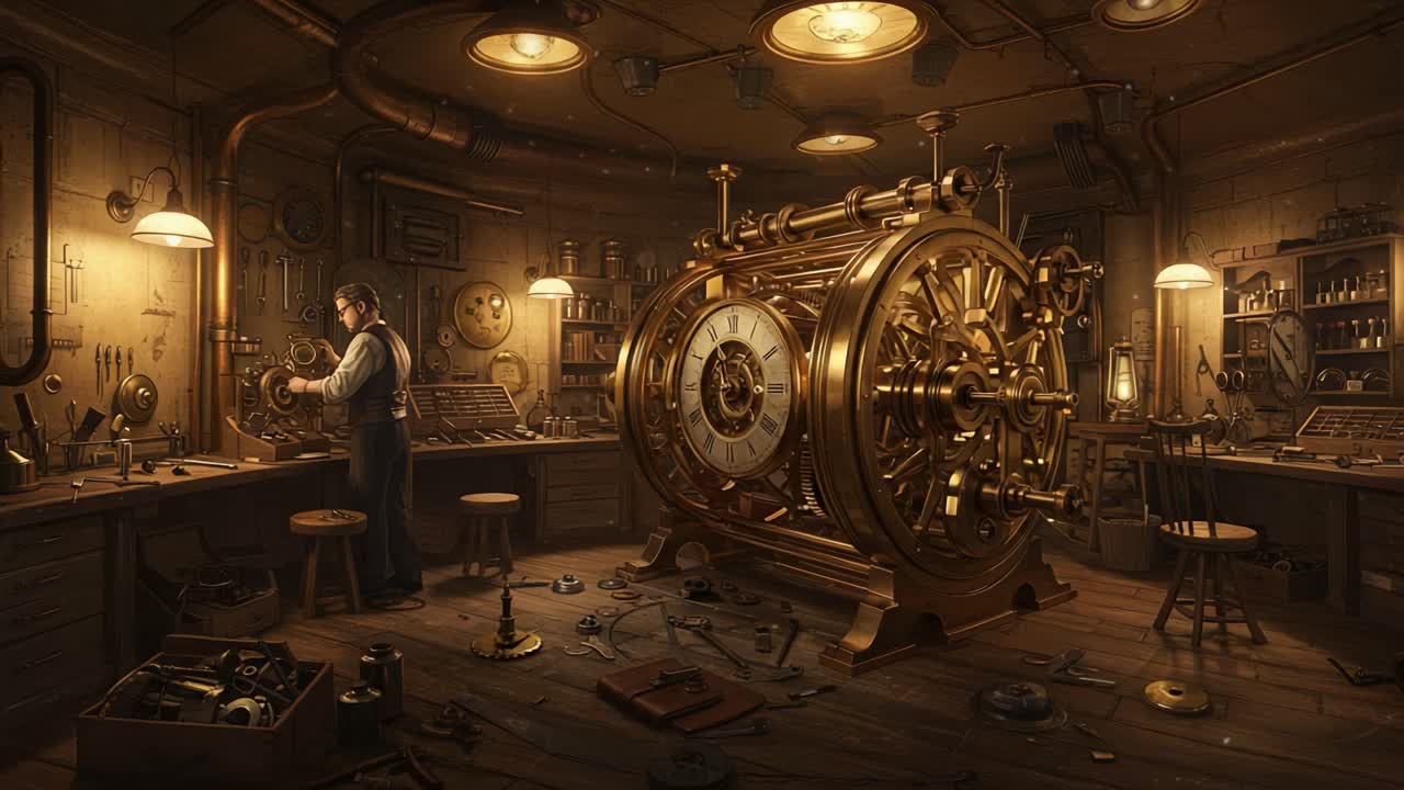 An Intricate Workshop Showcasing a Skilled Artisan Perfecting a Grand Clock Mechanism Amidst a Stylish and Well-Organized Environment Filled with Tools and Equipment