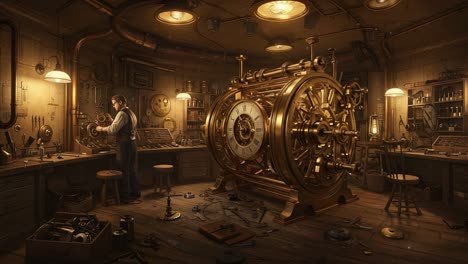 an intricate workshop showcasing a skilled artisan perfecting a grand clock mechanism amidst a stylish and well-organized environment filled with tools and equipment