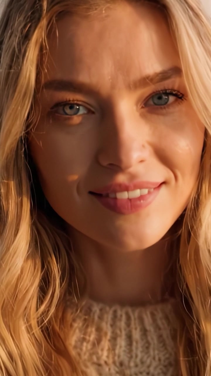 Una bella donna che si gode la luce naturale, irradiando calore e gioia in un maglione accogliente, mentre mostra il suo sorriso affascinante e i suoi occhi accattivanti.