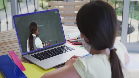 Kaukasisches-Schulmädchen-Mit-Gesichtsmaske,-Das-Einen-Laptop-Bei-Einem-Videoanruf-Mit-Einer-Lehrerin-Benutzt