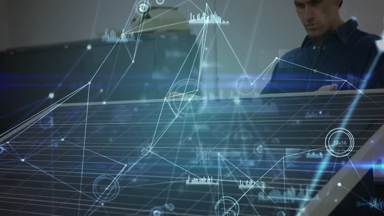 네트워크 연결 및 데이터 처리: 컴퓨터에서 일하는 사람에 대한 애니메이션