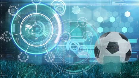 Animation-of-data-processing-over-blue-digital-screen-and-soccer-ball