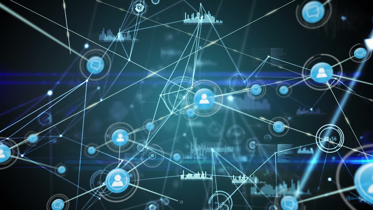 animación de la red de conexiones con iconos en fondo negro