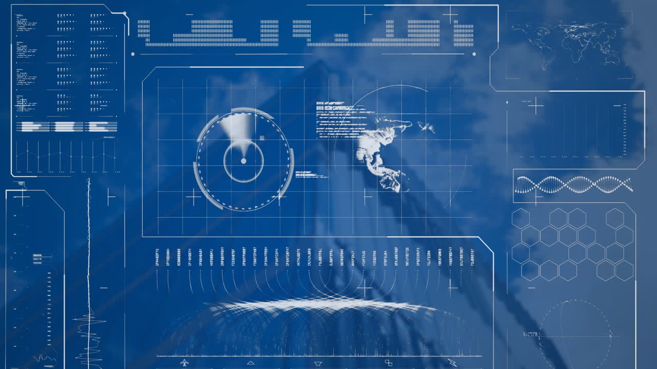 Animation of financial data processing over modern office building