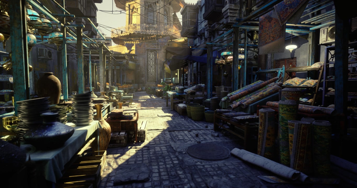 Sunshine illuminates market stalls with rich textures and cinematic shadows