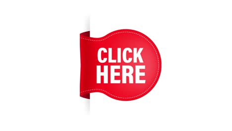 con icono haga clic aquí cinta roja en fondo blanco para el diseño de marketing web. diseño plano. gráficos de movimiento.