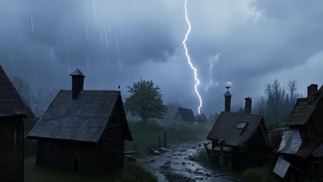 lightning strikes a medieval village during a thunderstorm