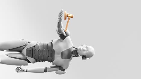 prototipo de robot cibernético humanoide sosteniendo un juez martillo de justicia, inteligencia artificial en el debate judicial fondo azul animación de renderización vertical 3d