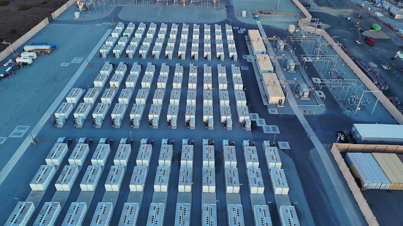 Grid Battery Storage Site in Moss Landing Seen From Above at Sunset, California, USA