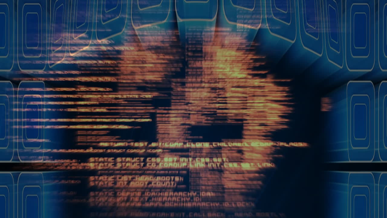 Digital code and data processing animation over abstract geometric background