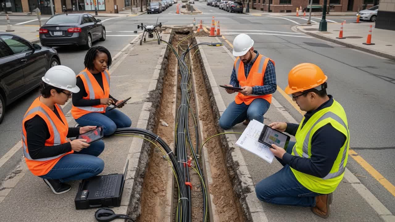 Team of Professionals in Safety Gear Collaborating on Infrastructure Project, Analyzing Technical Data Near Roadwork Site with Equipment and Cables