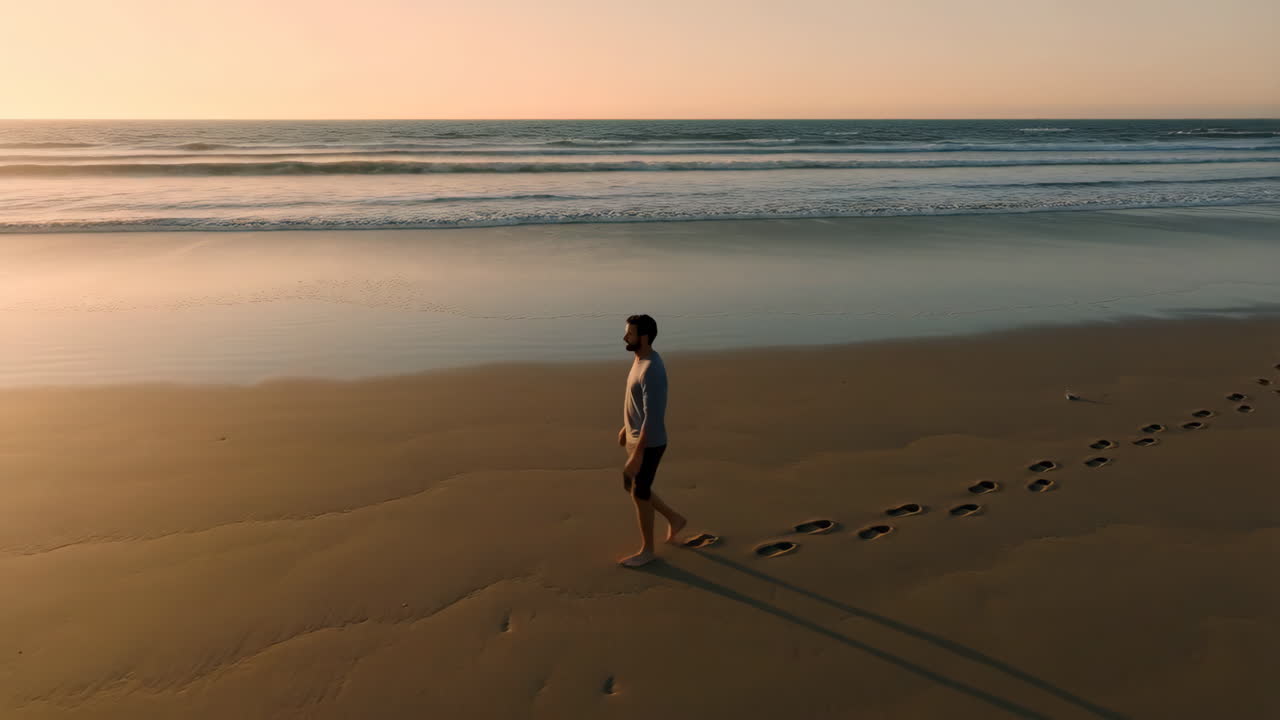 A man walking on a beach at sunset, leaving footprints in the sand
