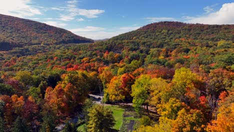 an aerial view high over colorful trees during the fall foliage in upstate ny