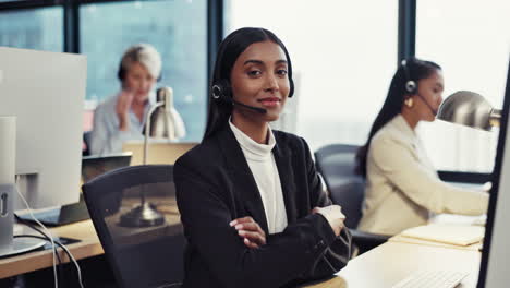 happy woman, call center and headphones with arms