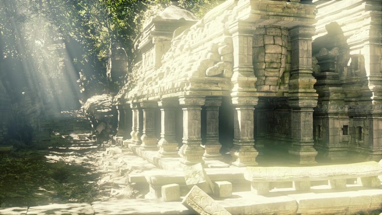 Atmosfera di antico tempio: i raggi illuminano reliquie muschiose.