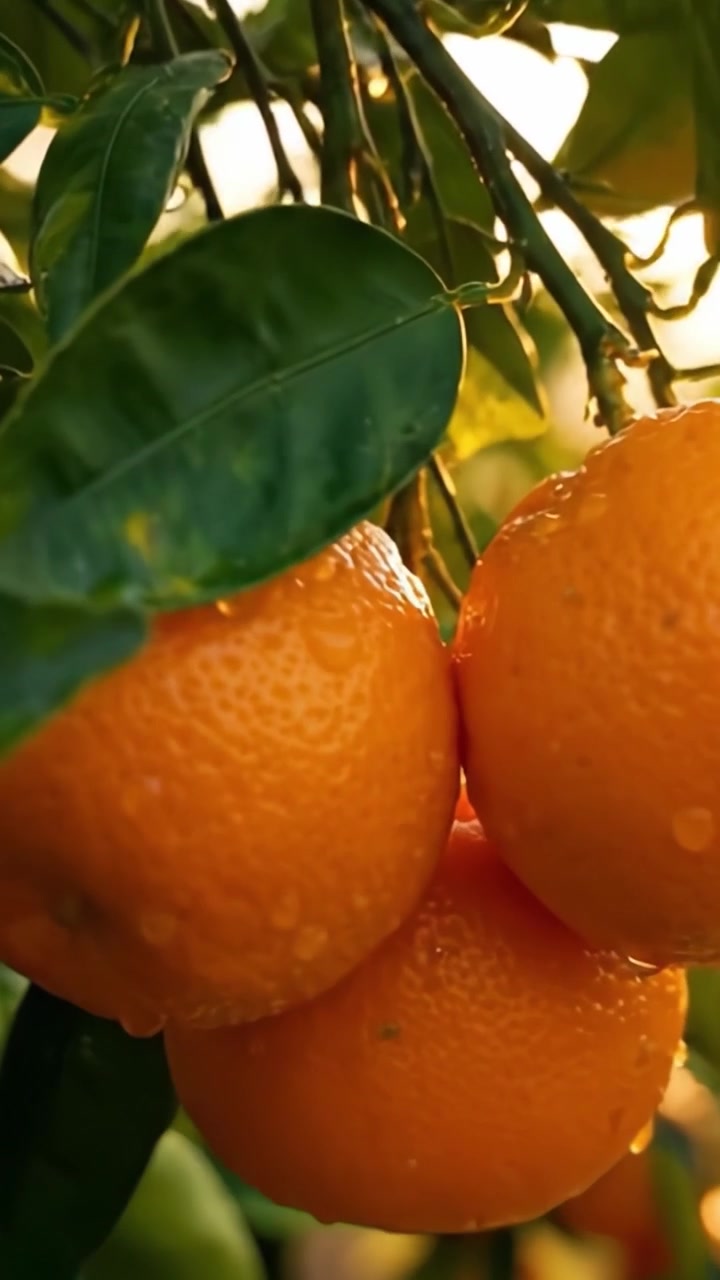 Un primo piano mozzafiato di arance fresche appese al loro ramo, illuminate dalla luce dorata del tramonto, circondate da foglie verdi lussureggianti, perfettamente mature e luccicanti di rugiada fresca.