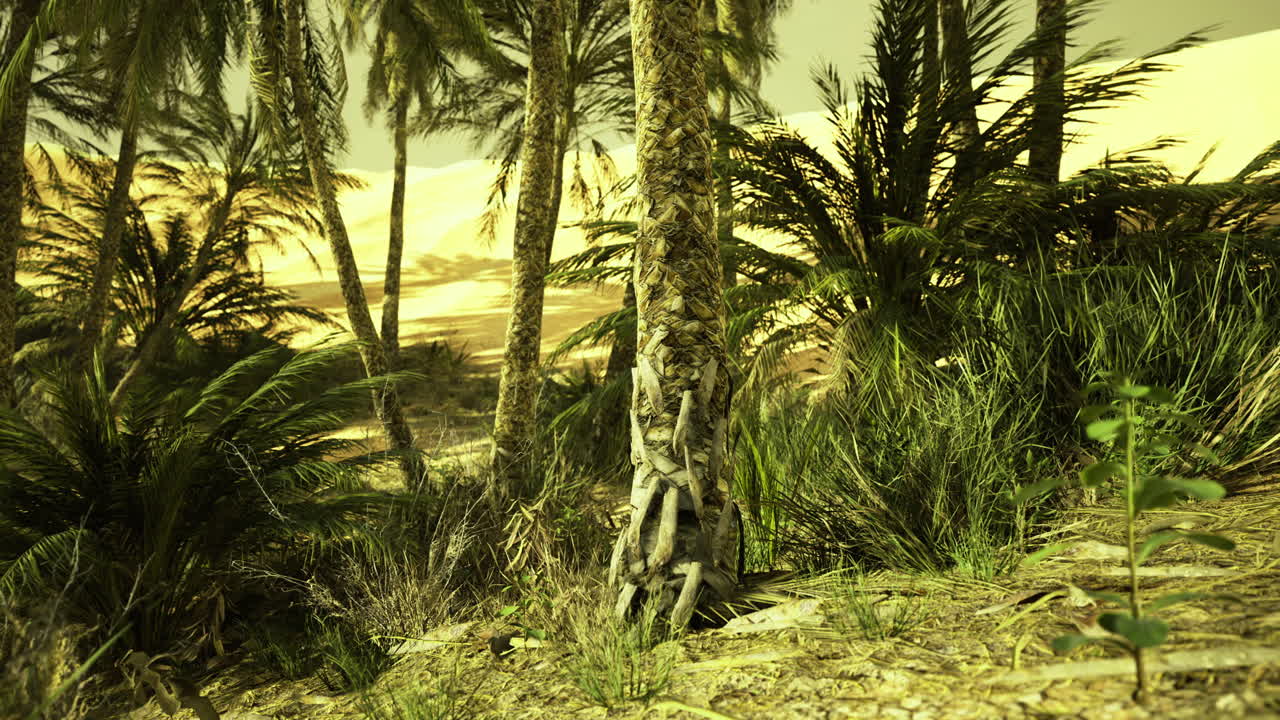 Lush tropical landscape with palm trees and vibrant greenery in golden sunlight