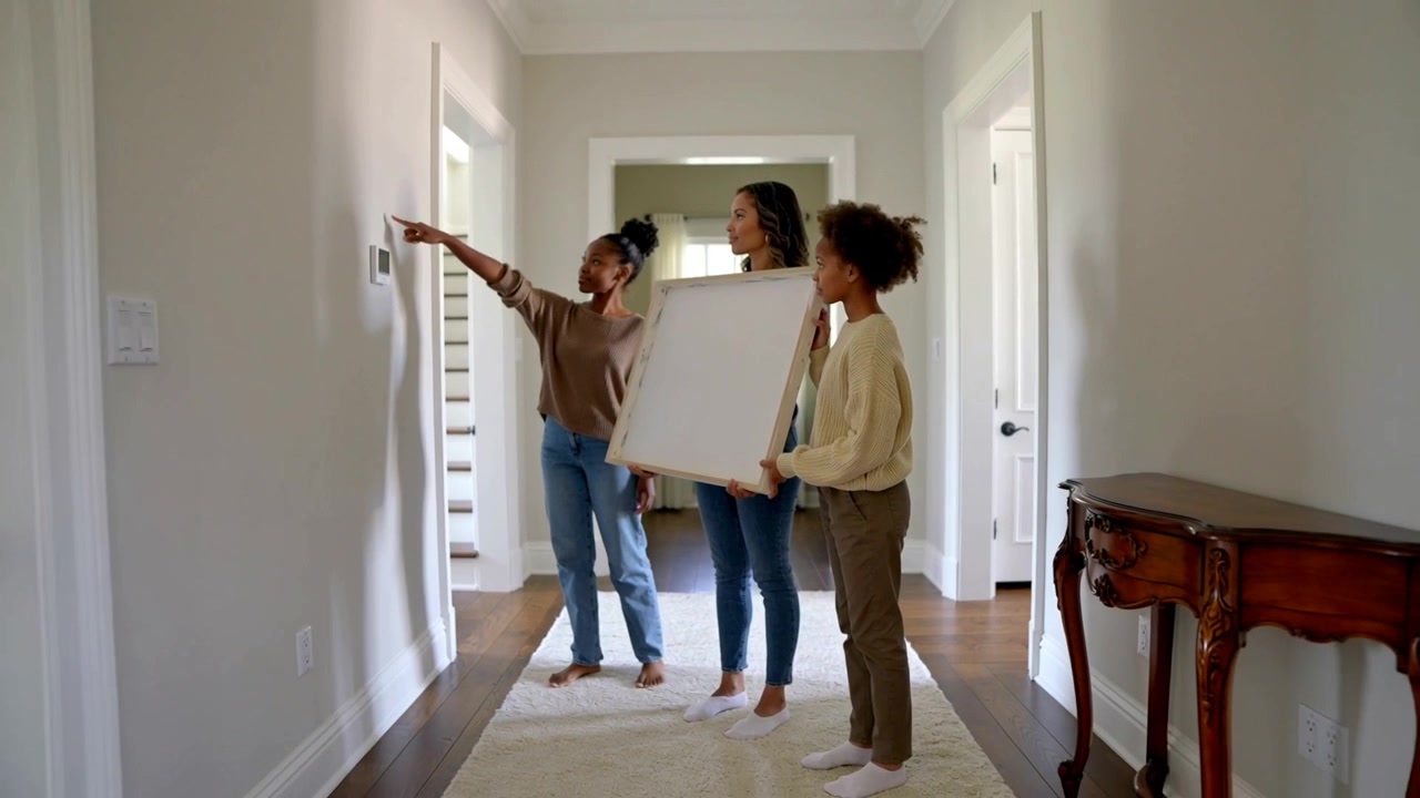 Entering family carrying blank framed canvas in hallway, pointing, evaluating thermostat spot