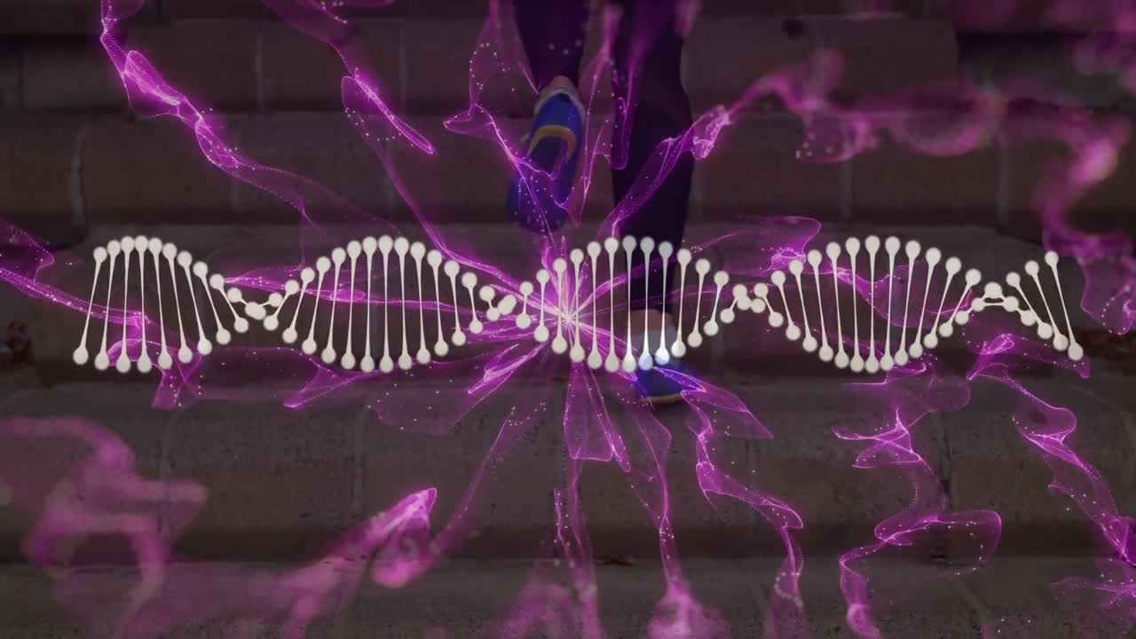animación de pantalla con ondas púrpuras y adn sobre las piernas de una mujer caucásica corriendo