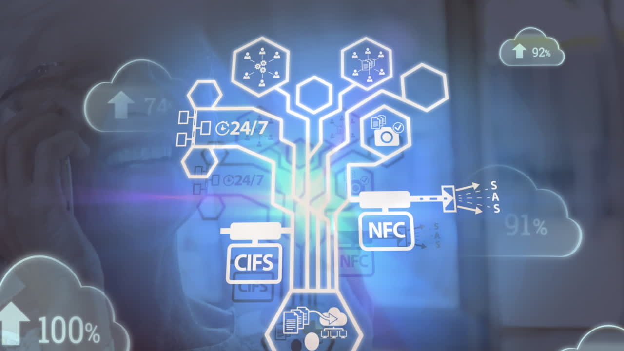 animación de múltiples iconos de nubes sobre una mujer mayor caucásica hablando en un teléfono inteligente en una cafetería