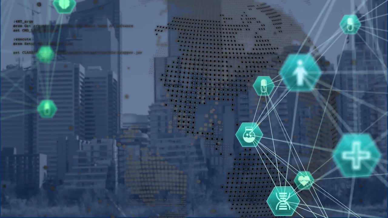 컴퓨터 언어를 통해 연결된 아이콘의 애니메이션 지구와 현대 건물에 대한 지구