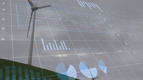 animation of financial data processing over wind turbine in countryside