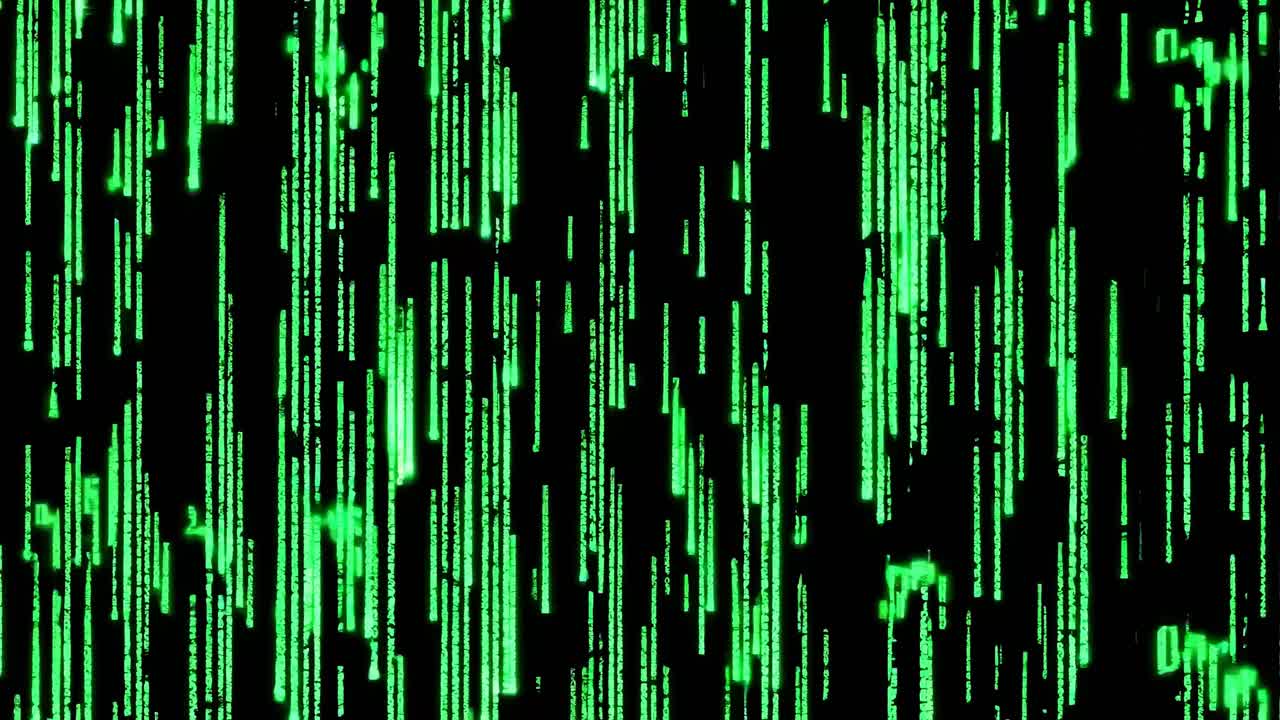 A digital rain of green code lines on a black background, reminiscent of a classic sci-fi video