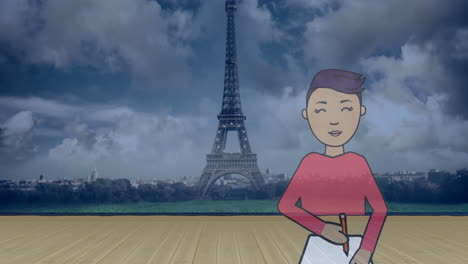 animación de un niño chino escribiendo en un cuaderno sobre la torre eiffel en el fondo