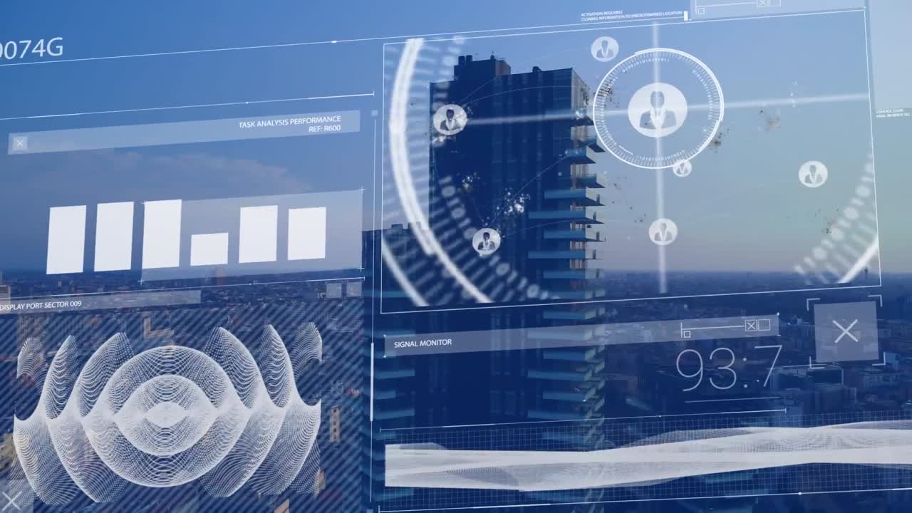 도시 풍경의 공중 전망에 대한 데이터 처리와의 인터페이스의 애니메이션