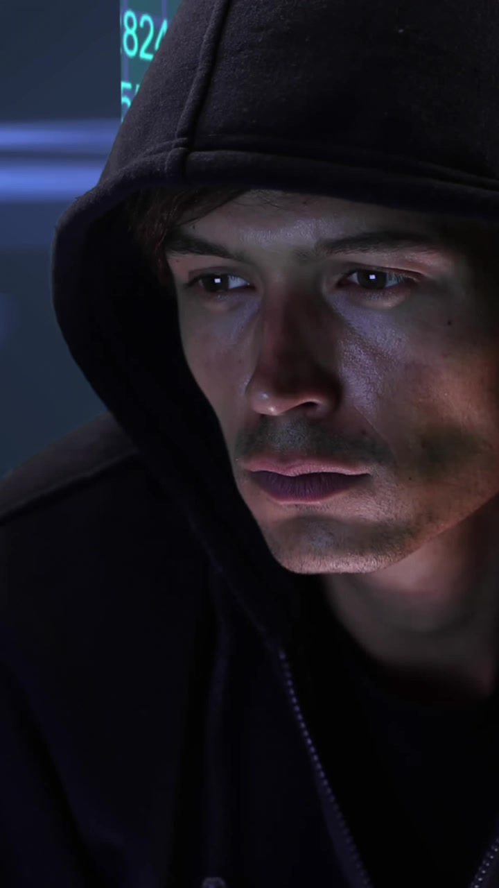 Animazione di un hacker maschio con felpa con cappuccio, che usa un laptop su più schermi