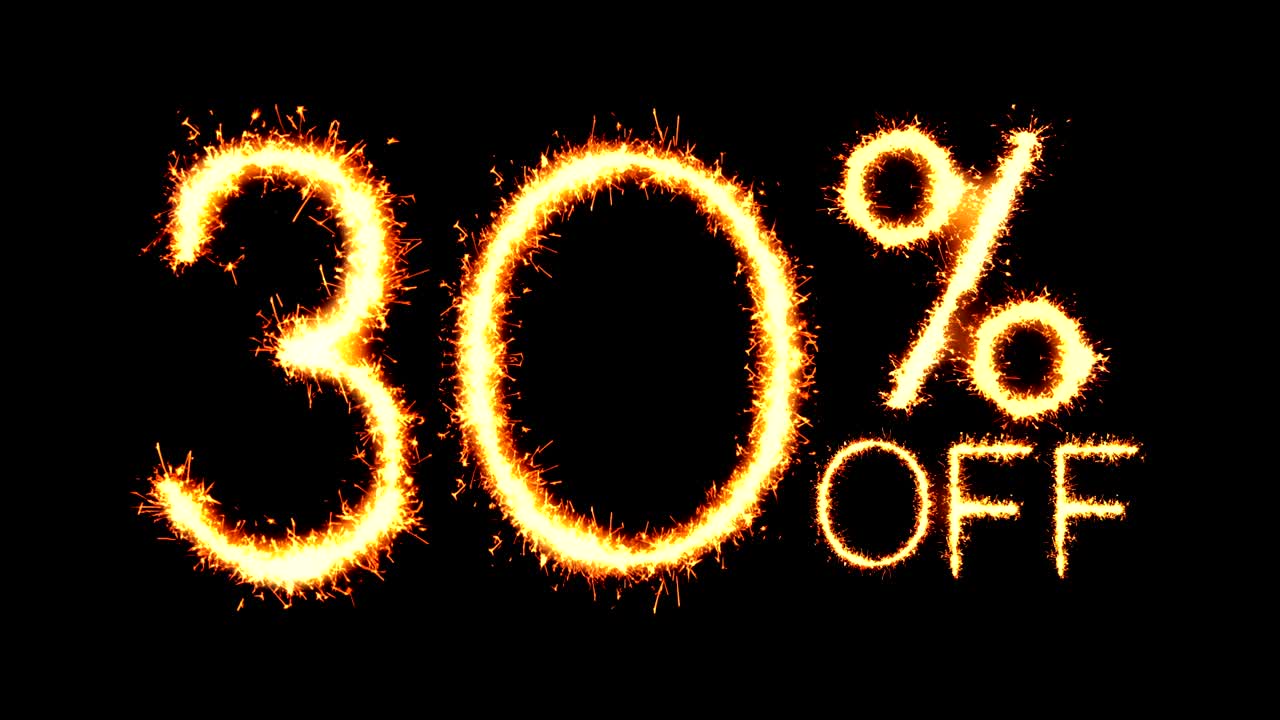 30% de descuento en texto, brillo, chispas, animación de bucle de fuegos artificiales