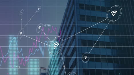 Animation-of-network-of-connections-with-data-processing-over-cityscape