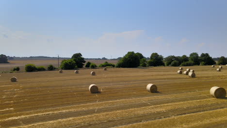 Goldenes-Heufeld-Mit-Runden-Heuballen-Luftwagenaufnahme-Von-Flachem-Ländlichem-Ackerland