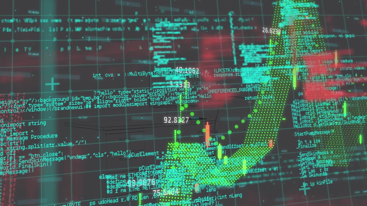 Animation of data processing and grid on blue background