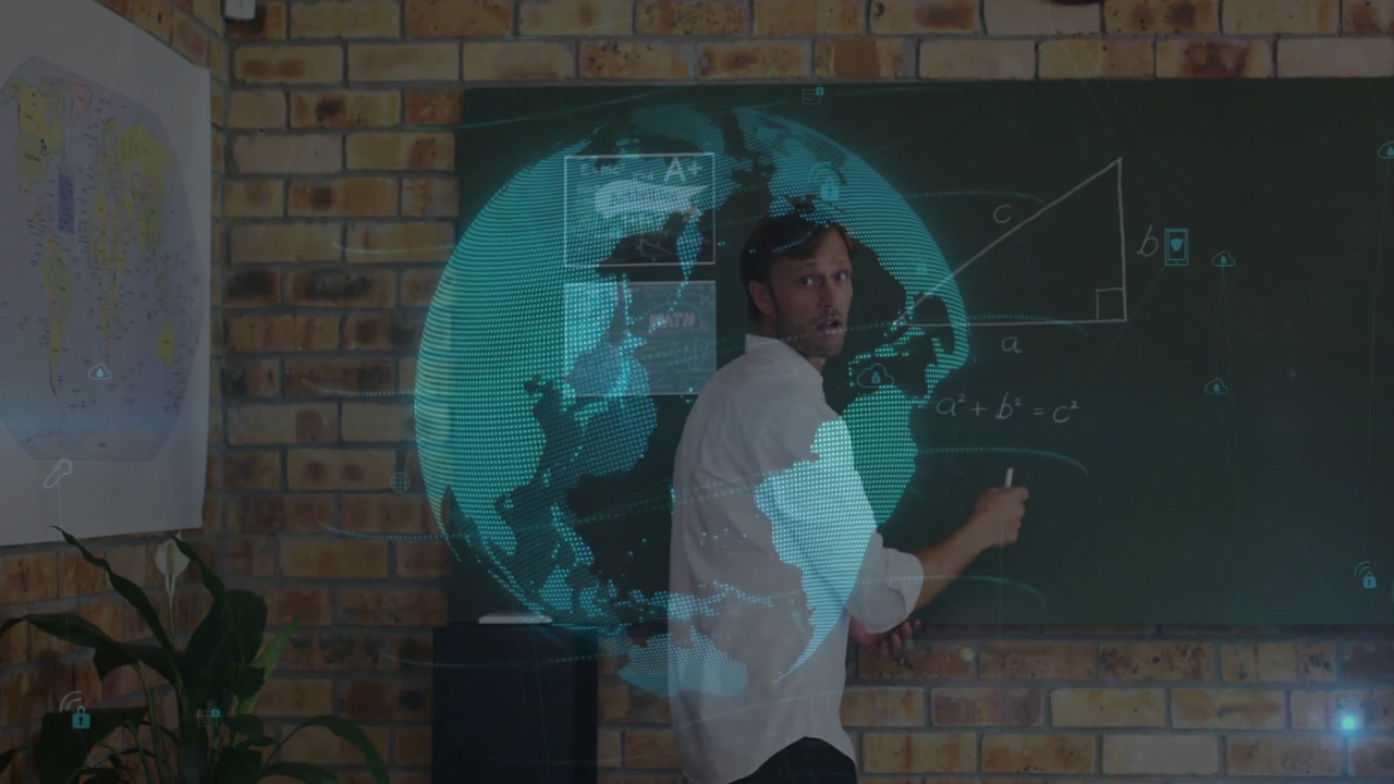 mid adult male presenting Pythagorean formula on chalkboard, with digital globe and data icons