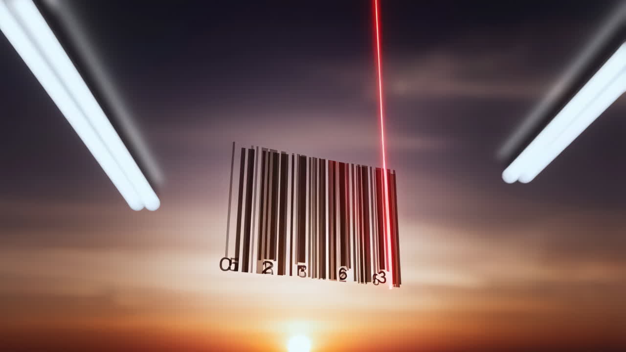 Barcode Scanning with Laser Against Sunset Sky