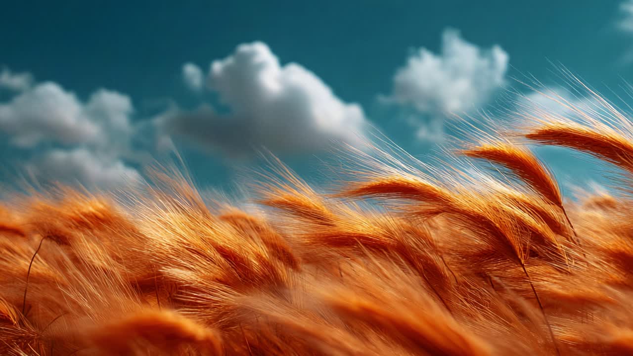 En fantastisk udsigt over gyldne hvedemarker under en strålende himmel, der fanger naturens skønhed, mens vinden danser gennem det høje græs, og bløde skyer svæver ovenover