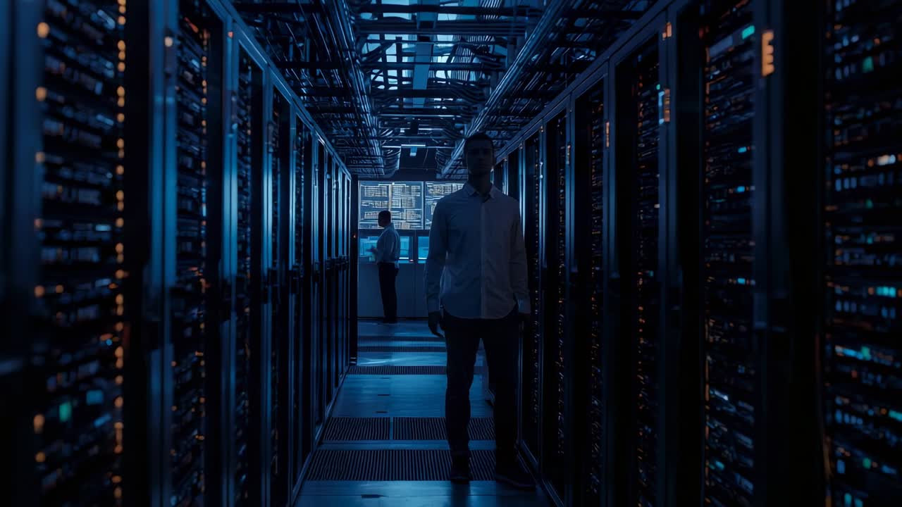 Tekniker i hvid skjorte og bukser går ind i serverrummet og inspicerer blinkende server-LED’er