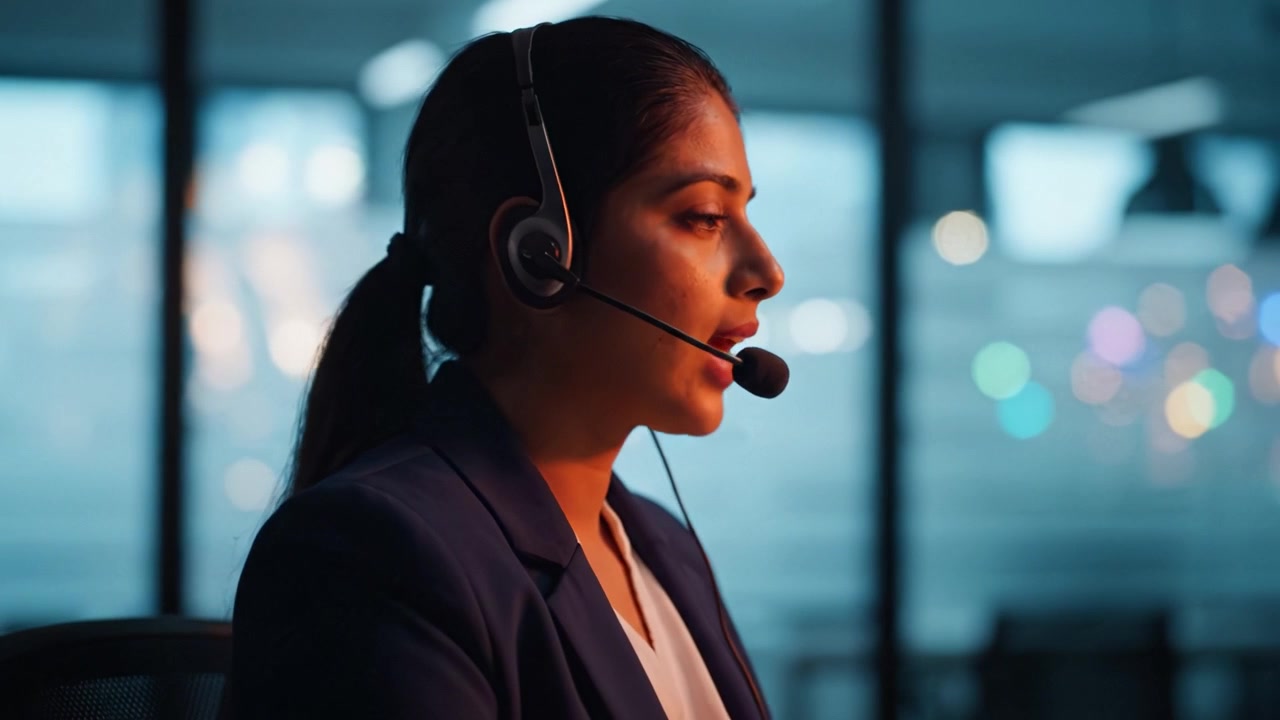 Fokuseret kundeservicemedarbejder i kommunikation med headset i et moderne kontormiljø, oplyst af blød baggrundsbelysning