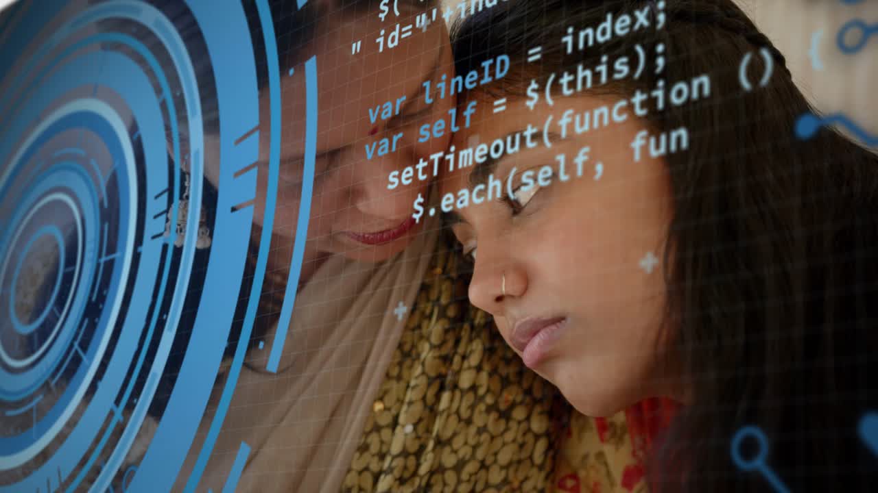Mother leaning in soothing daughter at home after tech HUD appearing, code drifting over faces