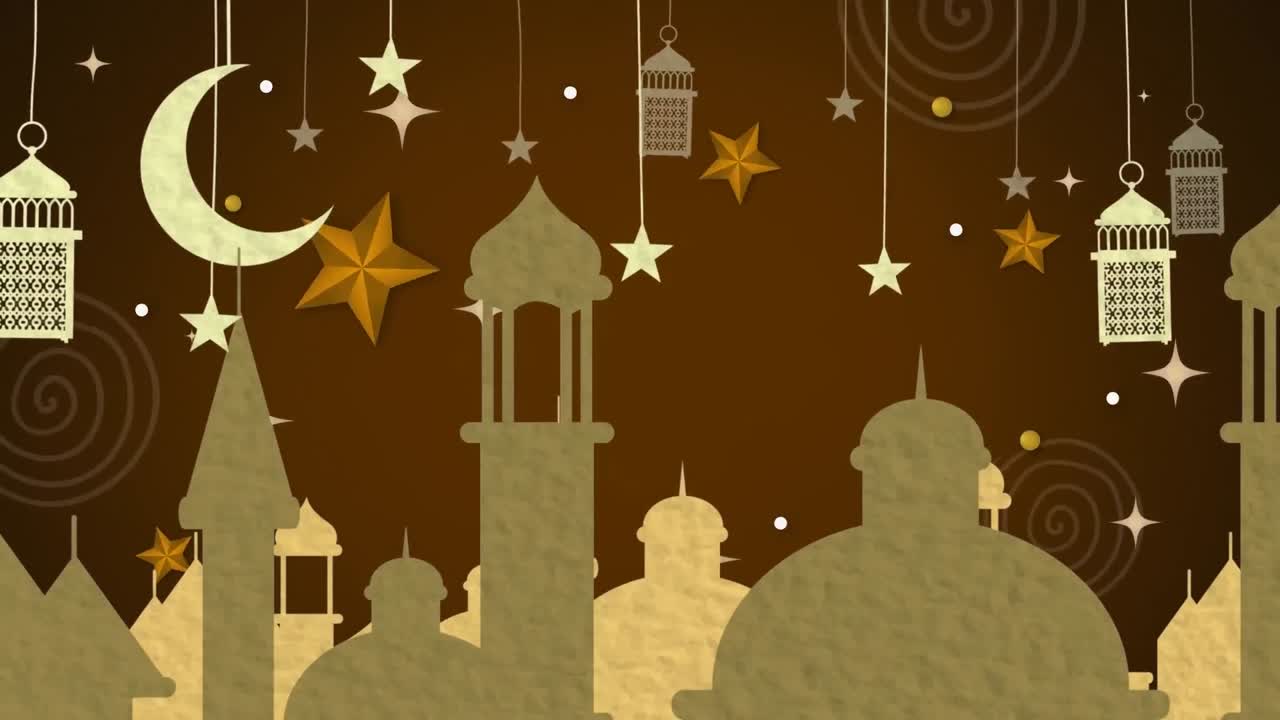 animación de la luna, las estrellas y las linternas sobre los techos de las mezquitas