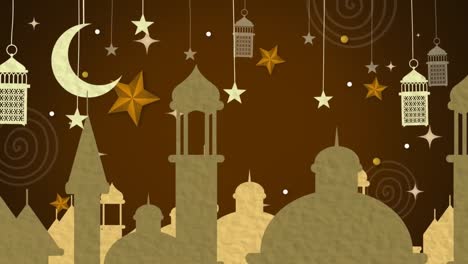 Animation-of-moon,-stars-and-lanterns-over-mosque-rooftops