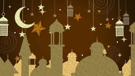 animation of moon, stars and lanterns over mosque rooftops