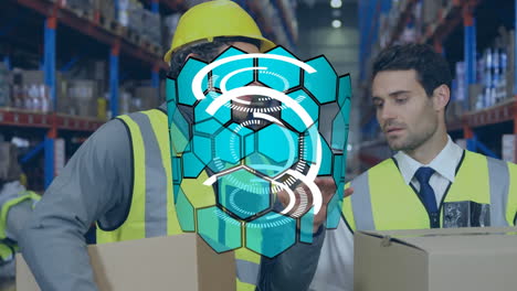 hexagonal shape spinning against caucasian male worker and supervisor discussing at warehouse