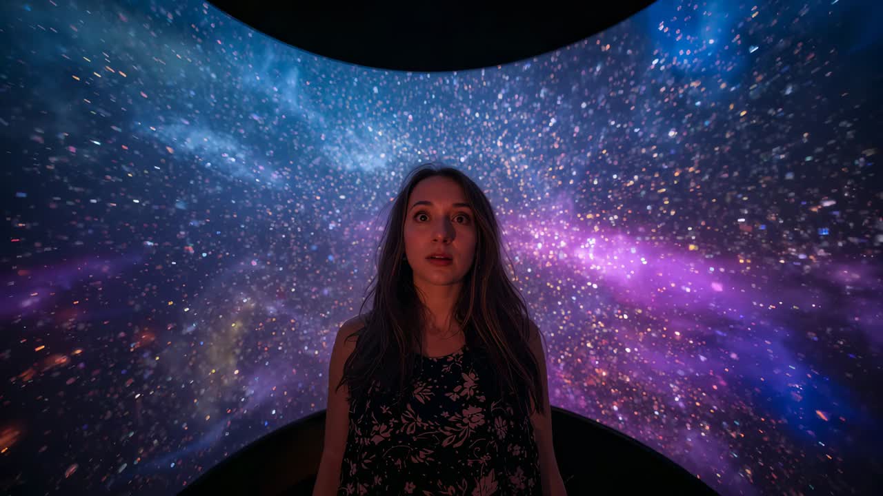 Donna in piedi con top floreale senza maniche che sorride lentamente mentre una proiezione di nebulose scorre su una cupola curva