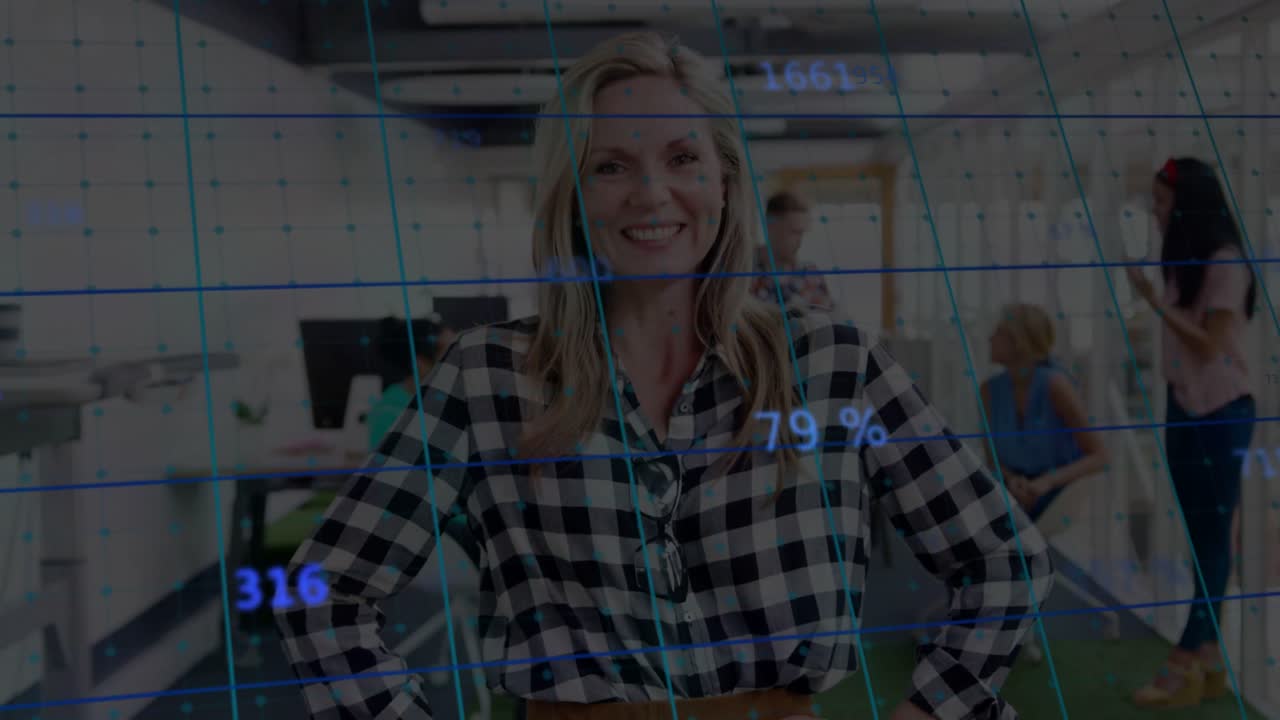 Woman reacting to shifting data grid aligning over face in tech office, smiling as percentages rise